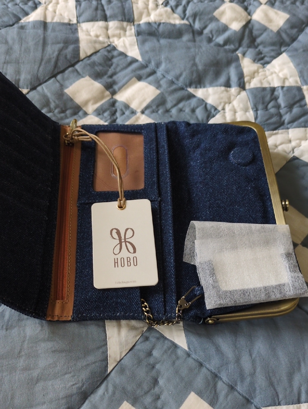 HOBO Denim Frame Rachel Wallet in Navy with Tan Trim